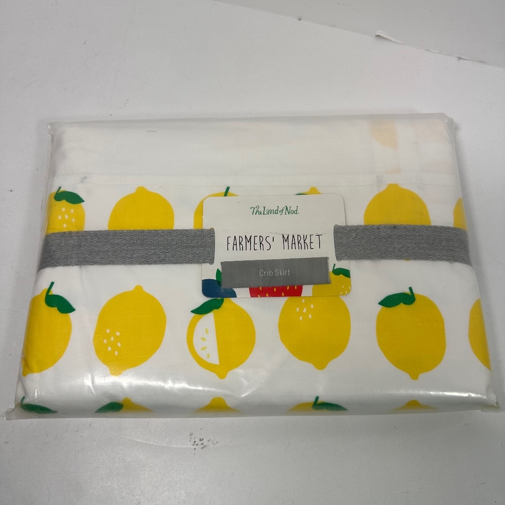 The Land Of Nod Crib Skirt Farmers Market Yellow Lemons White 100% Cotton NEW